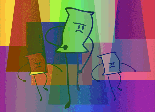 a group of cartoon characters are dancing and one of them has the letter f on their face