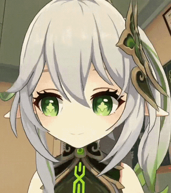 a close up of a cartoon character with green eyes and a necklace that says exe