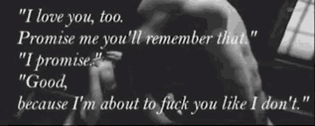 a black and white photo of a person with the words " i love you too promise me you 'll remember that "