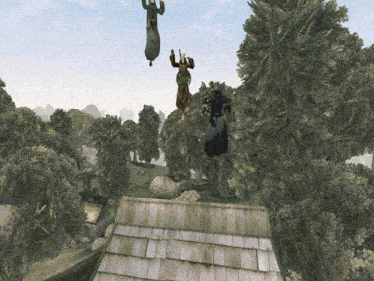 a group of people are jumping off a roof in a forest