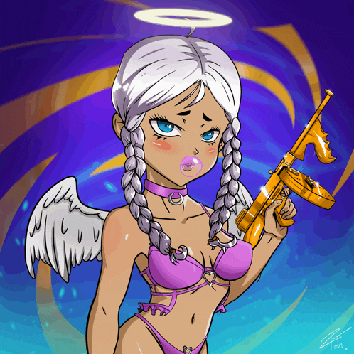 a drawing of an angel with braids blowing a bubble and holding a gold gun