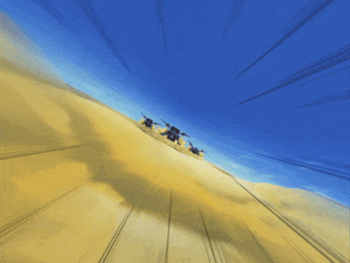 a cartoon drawing of a group of people riding down a sand dune