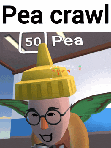 a cartoon character is wearing a yellow hat and glasses with the words pea crawl below him
