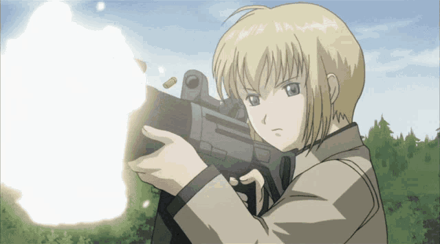 a blonde anime character is holding a gun and shooting