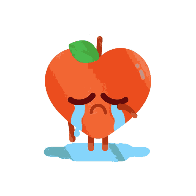 a heart shaped apple is crying with tears coming out of its mouth