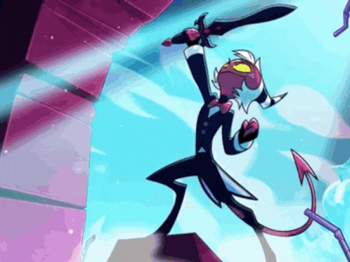 a cartoon character with a tail is holding a sword in his hands .