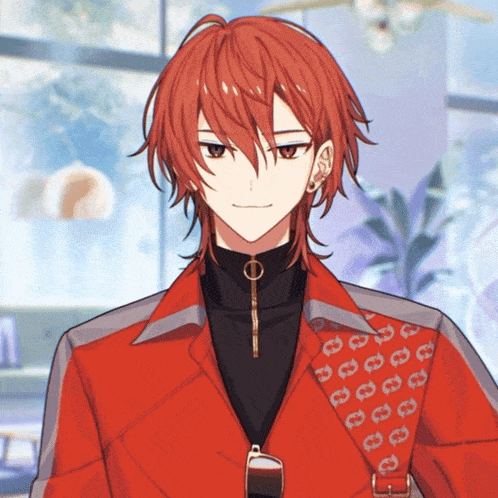 a boy with red hair is wearing a red jacket with the letter g on it