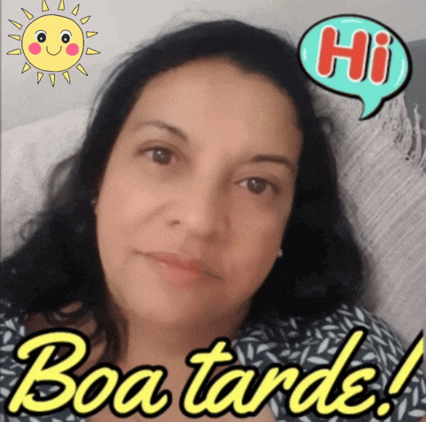 a woman with a speech bubble that says hi and boa tarde on it