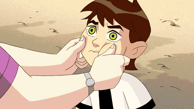 a cartoon character with green eyes is being touched by a woman