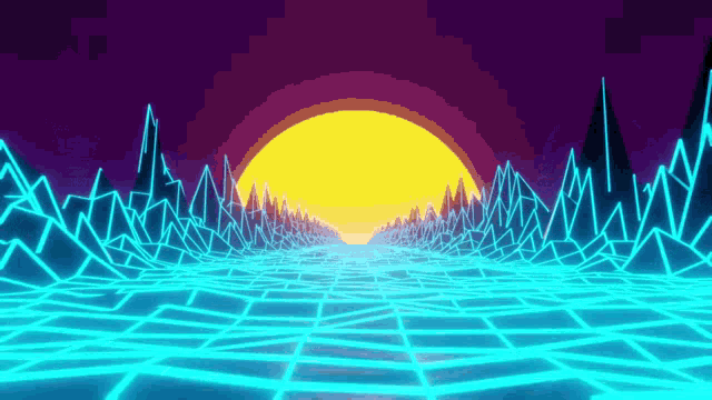 a computer generated image of a landscape with mountains and a sun in the background