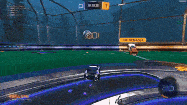 a rocket league game is being played and a car is flying through the air
