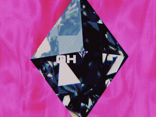 a diamond on a pink background has the letter h on it