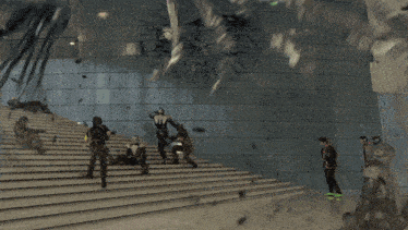a blurred image of people walking down stairs with a green glowing object in the foreground