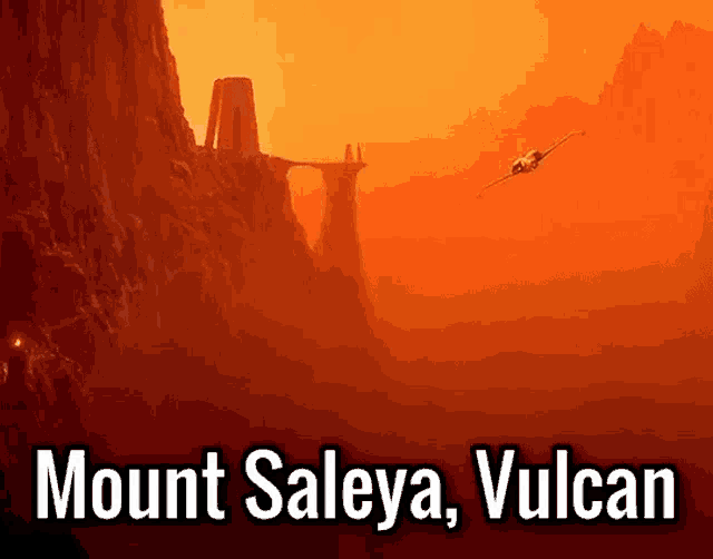 a poster for mount saleya vulcan shows a plane flying over a bridge