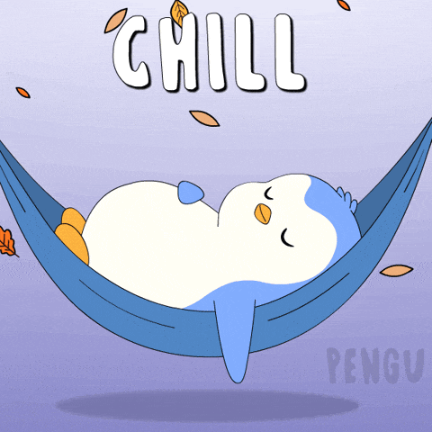 an illustration of a penguin laying in a hammock with the words chill written above it