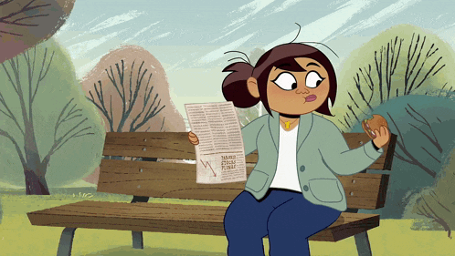 a cartoon of a woman sitting on a bench holding a newspaper