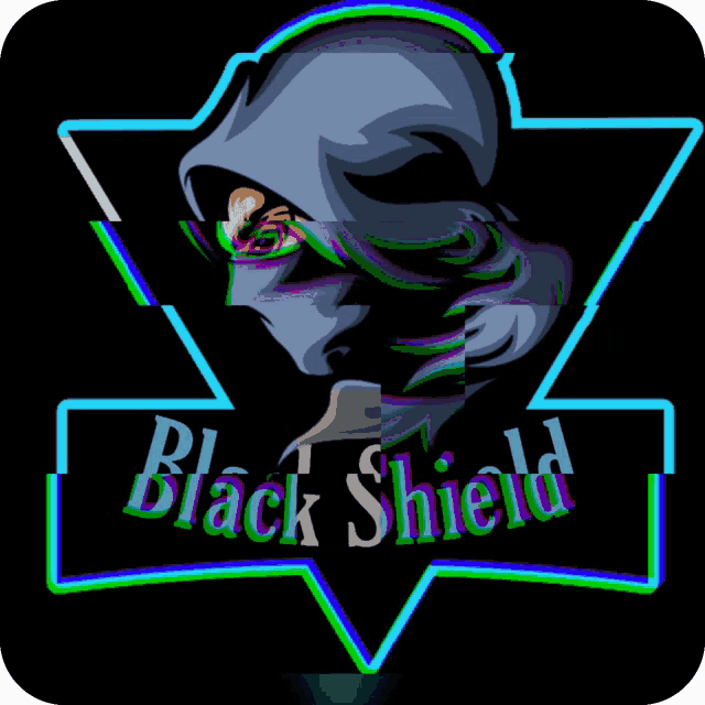 a neon sign that says black shield with a person in a hood