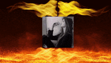 a black and white photo of a woman smoking a cigarette with flames in the background