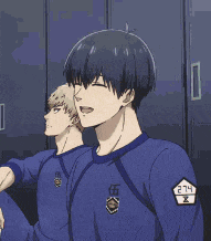a group of anime characters are standing next to each other in front of lockers .