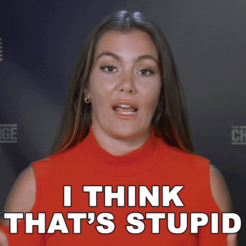 a woman says i think that 's stupid with her hands up