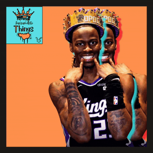 a basketball player wearing a king jersey and a crown on his head