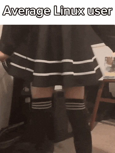 a picture of a person wearing knee high socks and a skirt with the words average linux user below it
