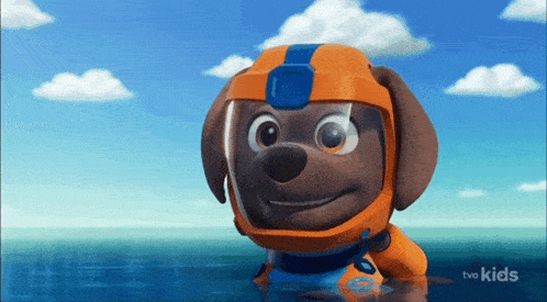 a cartoon dog is wearing a helmet and swimming in the ocean .