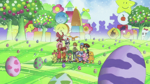 a group of cartoon characters are standing in a field with a sign that says ' easter ' on it