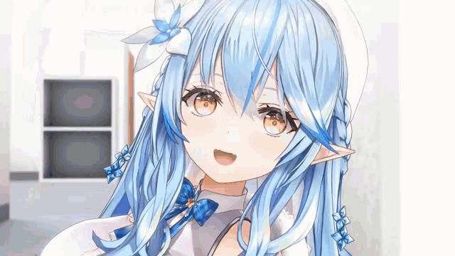 a close up of a anime girl with blue hair and yellow eyes wearing a hat .