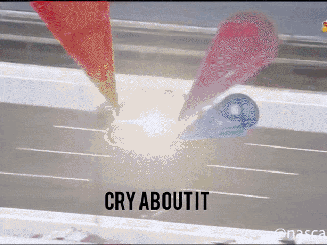 a screen shot of a car crash with the words cry about it