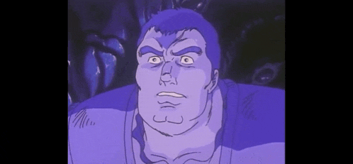 a cartoon of a man with a purple shirt and a purple face .