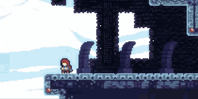 a pixel art drawing of a girl standing in front of a building with the letter t on it