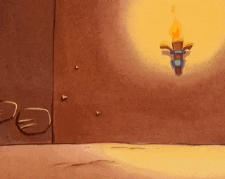 a cartoon illustration of a room with a torch hanging from the wall .