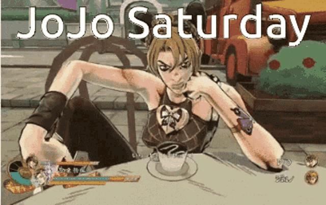 a jojo saturday poster with a woman sitting at a table with a cup of coffee