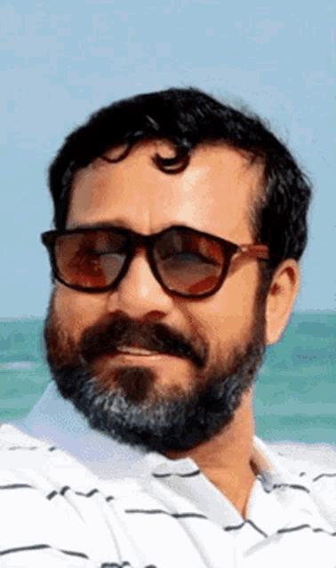 a man with a beard wearing sunglasses looks at the camera