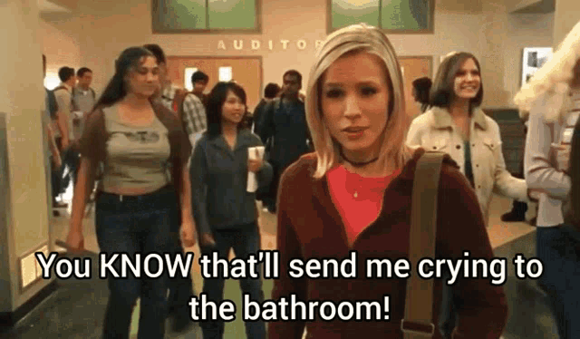 a woman walking down a hallway with the words you know that i 'll send me crying to the bathroom