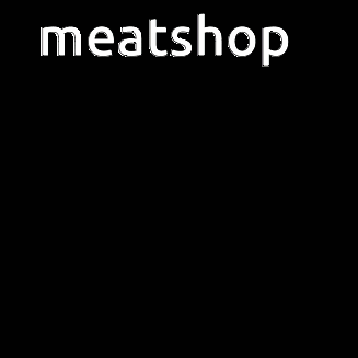 a close up of a dog 's face with the words meatshop written on it