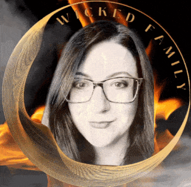 a woman with glasses is in a circle with the words wicked family written around her
