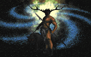 a man with antlers is holding a spear and a wolf