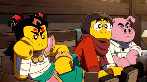 a group of cartoon characters including a pig and a girl are sitting on a bench