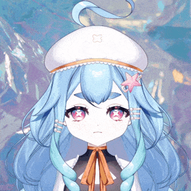 a girl with blue hair and a white hat with a star on it