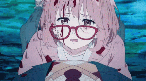 a girl with pink hair and red glasses is crying while being held by a man .