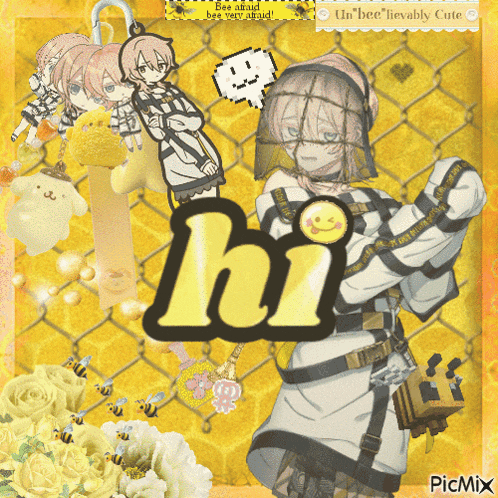 a picture of a girl with a beekeeper 's mask and the word hi on it