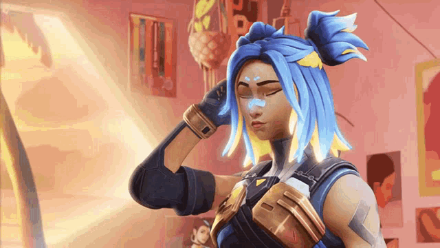 a woman with blue and yellow hair is looking at herself in the mirror