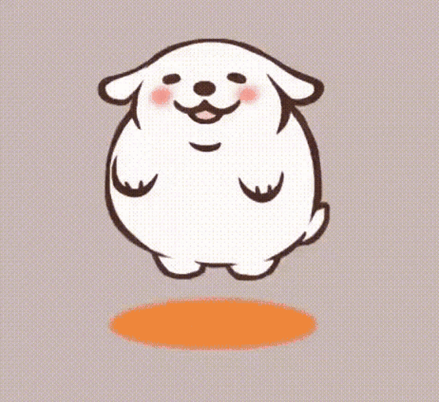 a cartoon drawing of a white dog jumping in the air on a gray background .