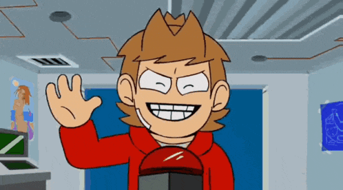 a cartoon character in a red hoodie is smiling and waving .