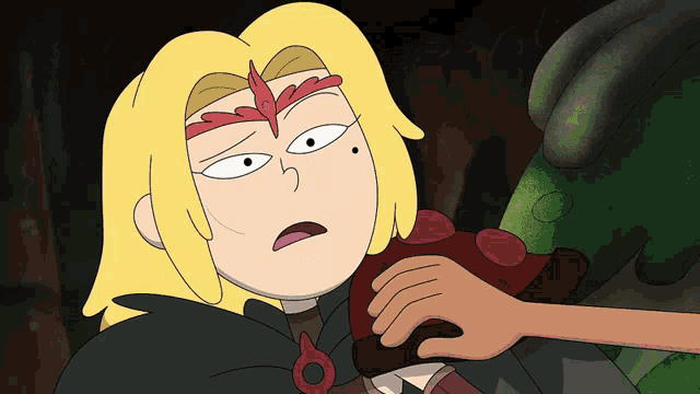 a cartoon character with yellow hair and a red crown on her head