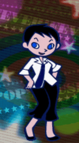 a cartoon character with blue eyes is standing in front of a colorful background that says pop