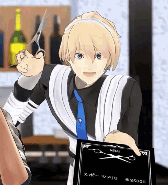 a man is holding a menu with scissors and a price of 8500