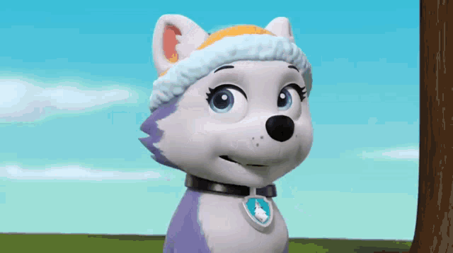 a cartoon husky dog wearing a hat and collar is standing next to a tree .